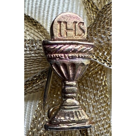 Vintage Italian Gold Chalice Pin Brooch With IHS Inscription - Teenie Tiny - Picture 1 of 10